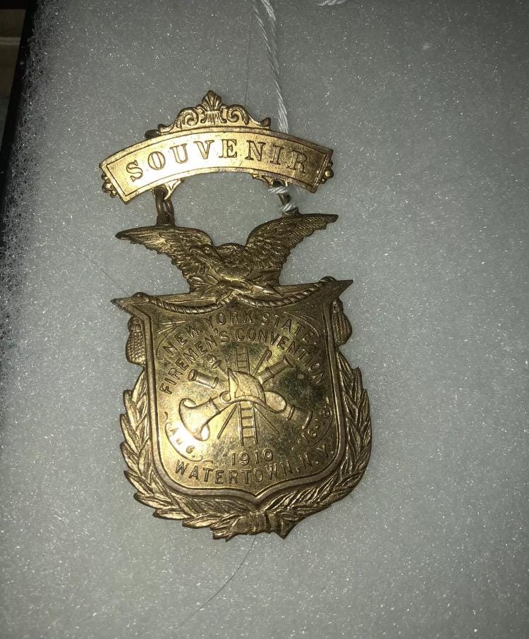 1910 New York State Fireman’s Convention Watertown NY Souvenir Pin