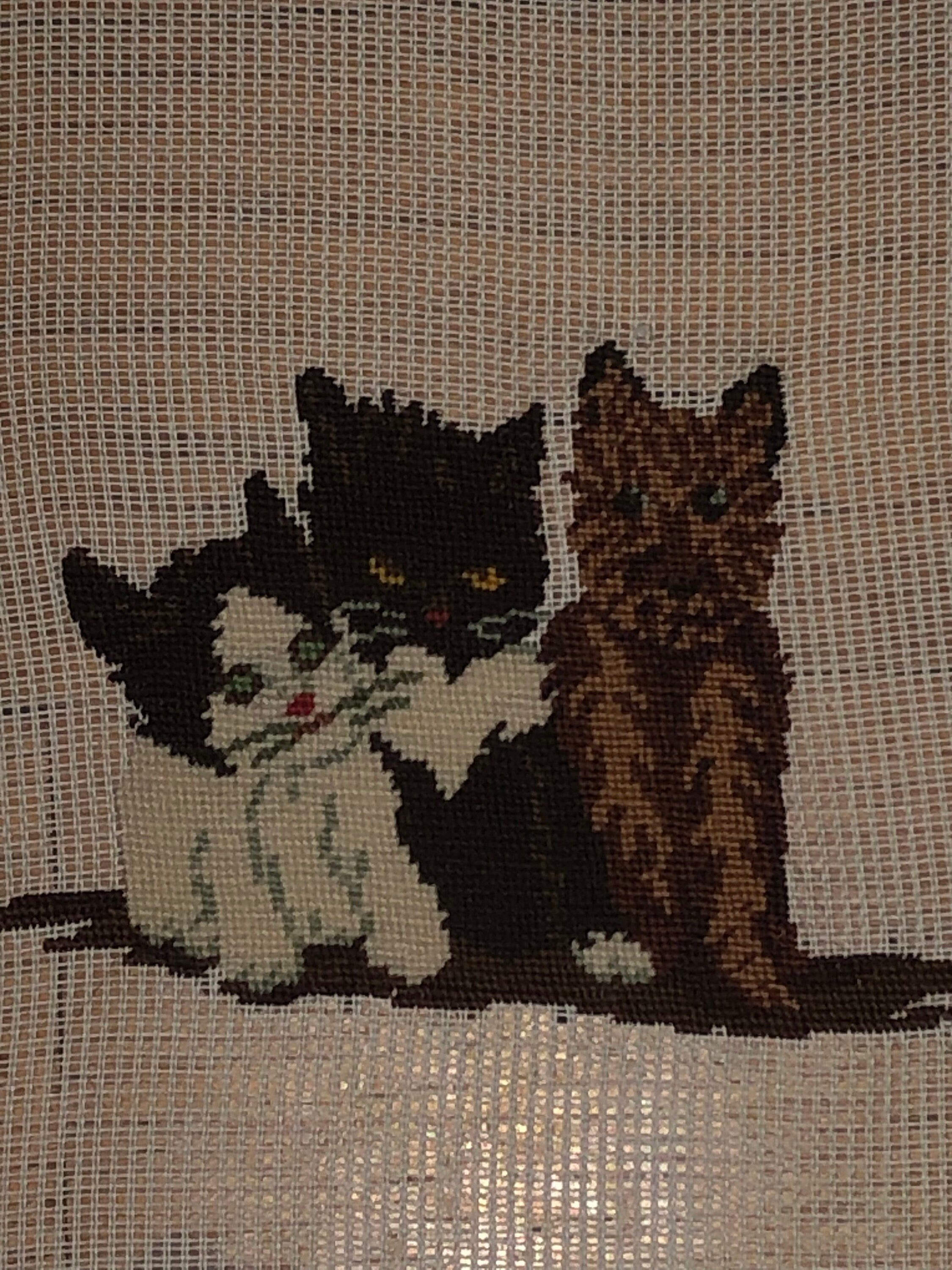 Three Kittens Pre Stitched Vintage Needlepoint Canvas