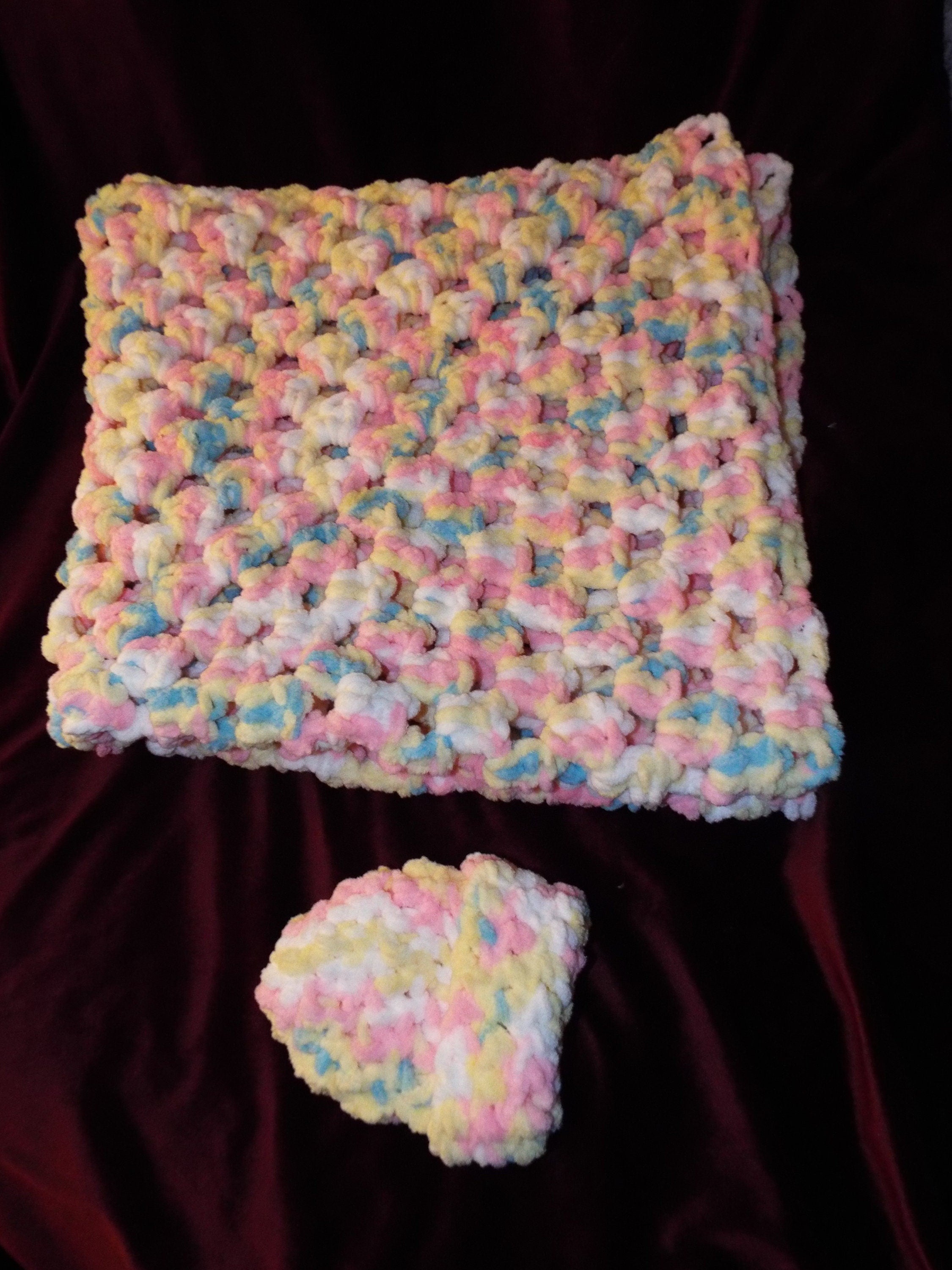 Granny Square Baby Blanket Pink, Yellow, Blue/Green And White With Matching Baby Hat