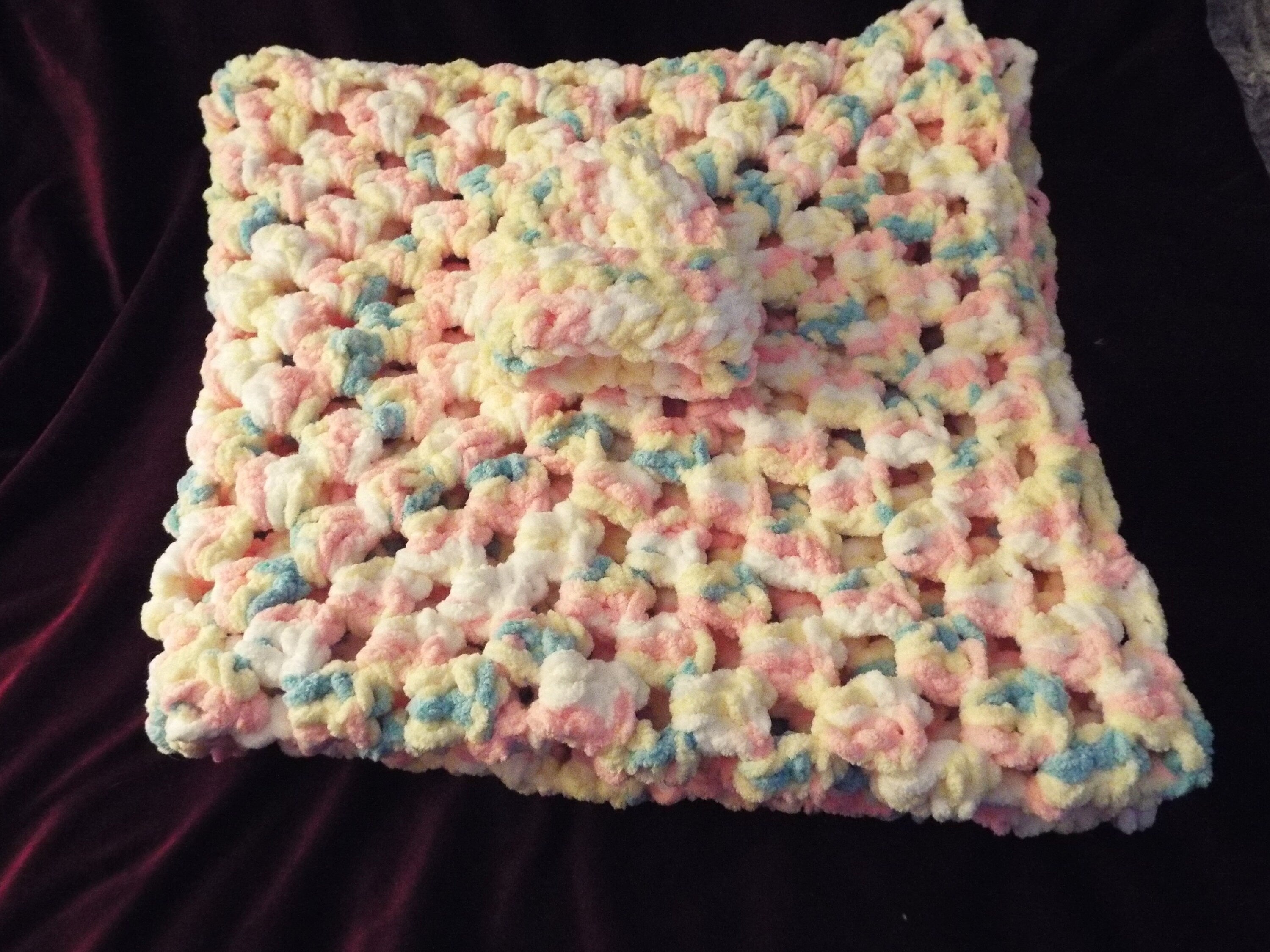 Granny Square Baby Blanket Pink, Yellow, Blue/Green And White With Matching Baby Hat