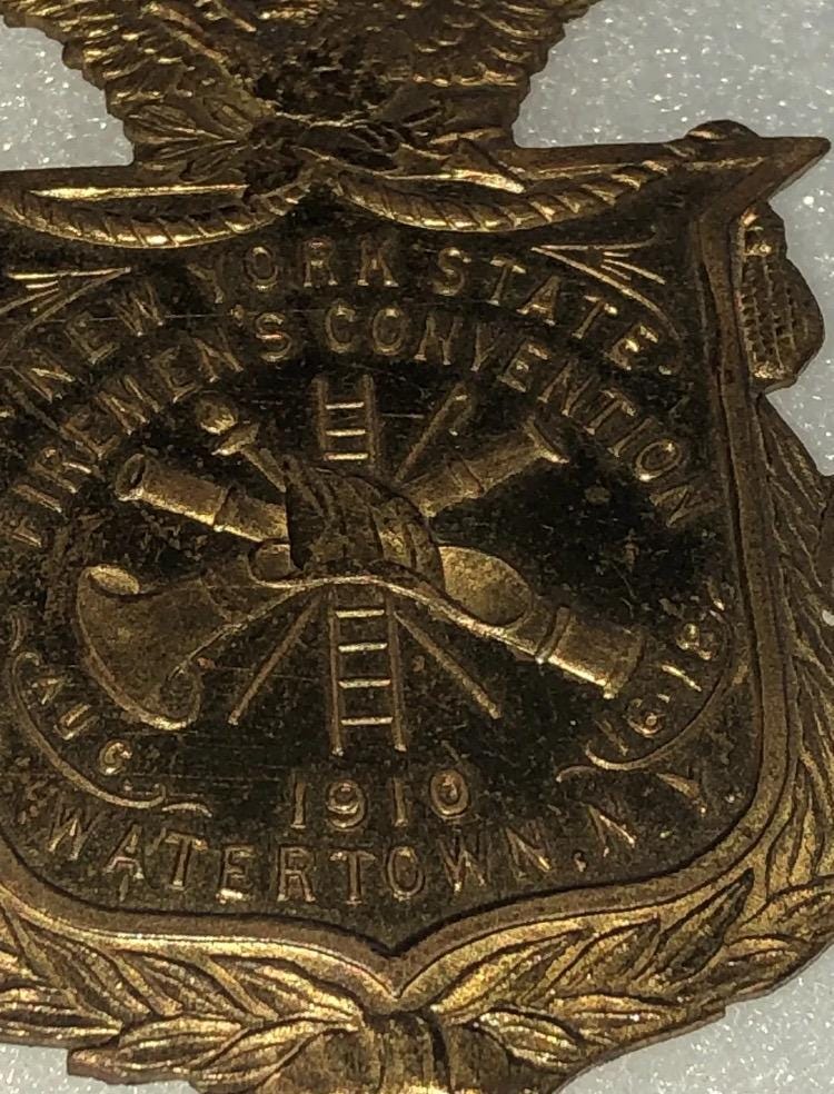 1910 New York State Fireman’s Convention Watertown NY Souvenir Pin
