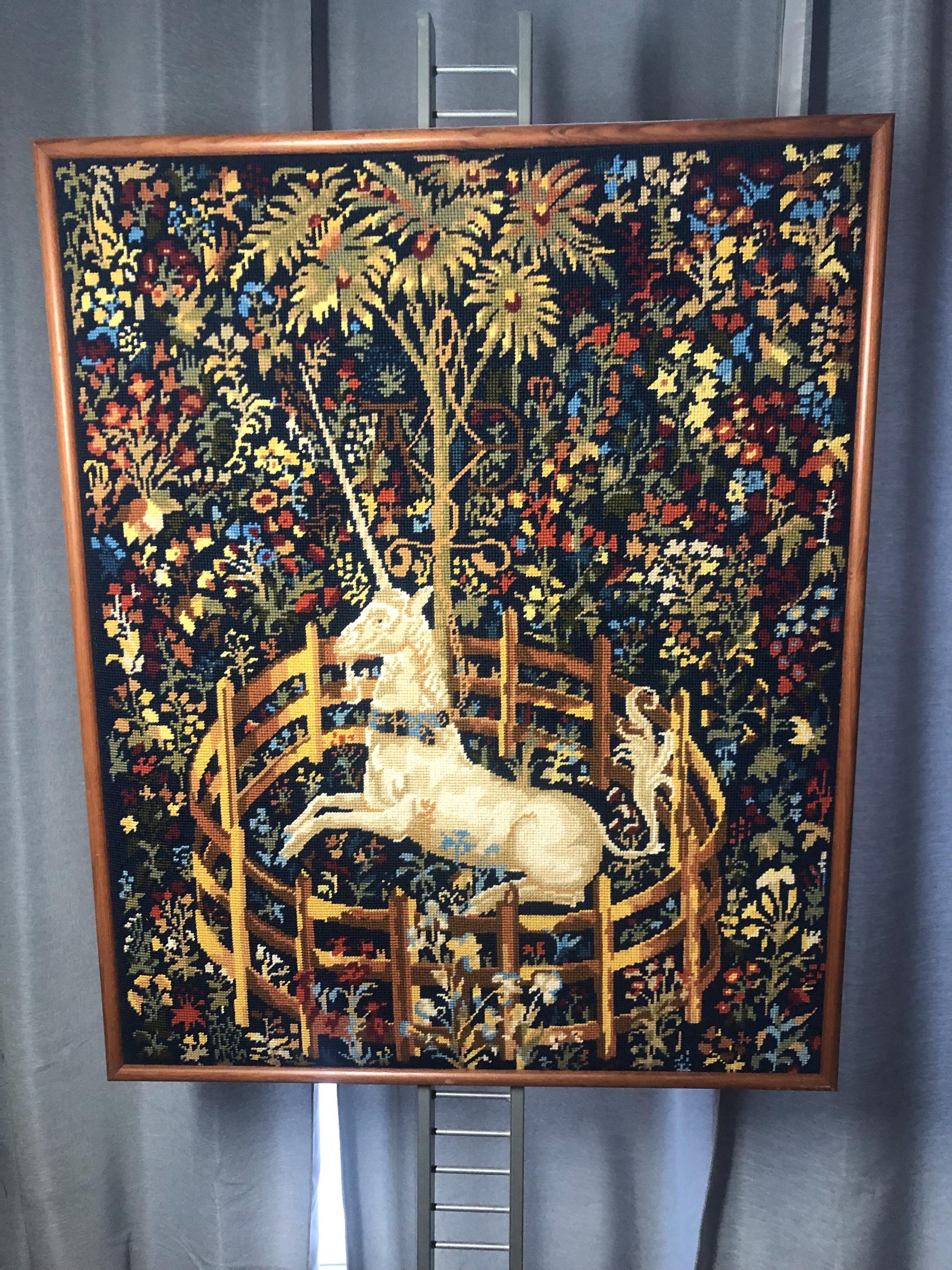 Unicorn In The Round Framed Hand Stitched Needlepoont Tapestry