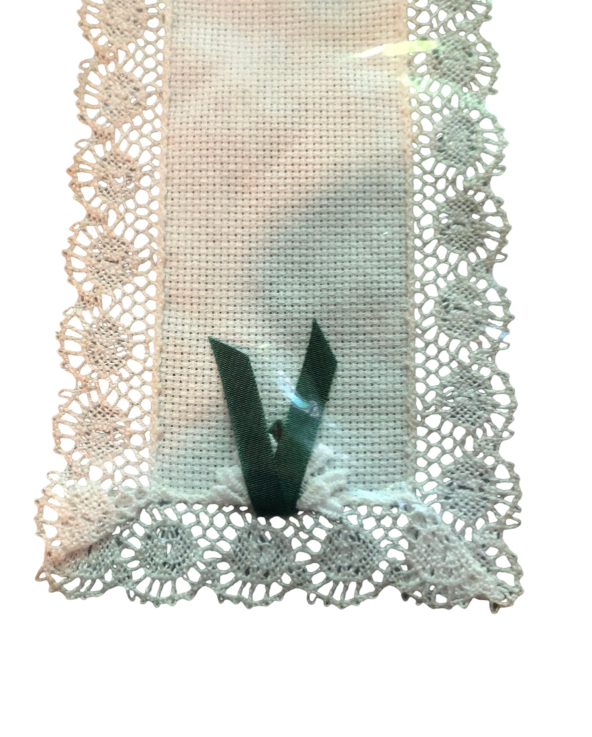 Cross Stitch Wall Hanging with Green Ribbon and Dowel