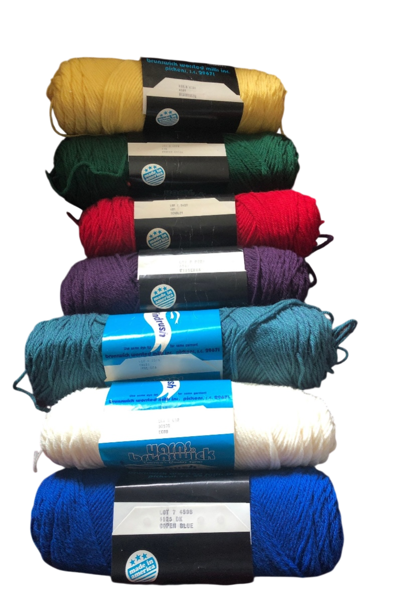 Brunswick Wool Yarn  Forest Green, Scarlet, Dark Copen Blue, Wisteria, Teal HEA, Med Yellow, Ecru
