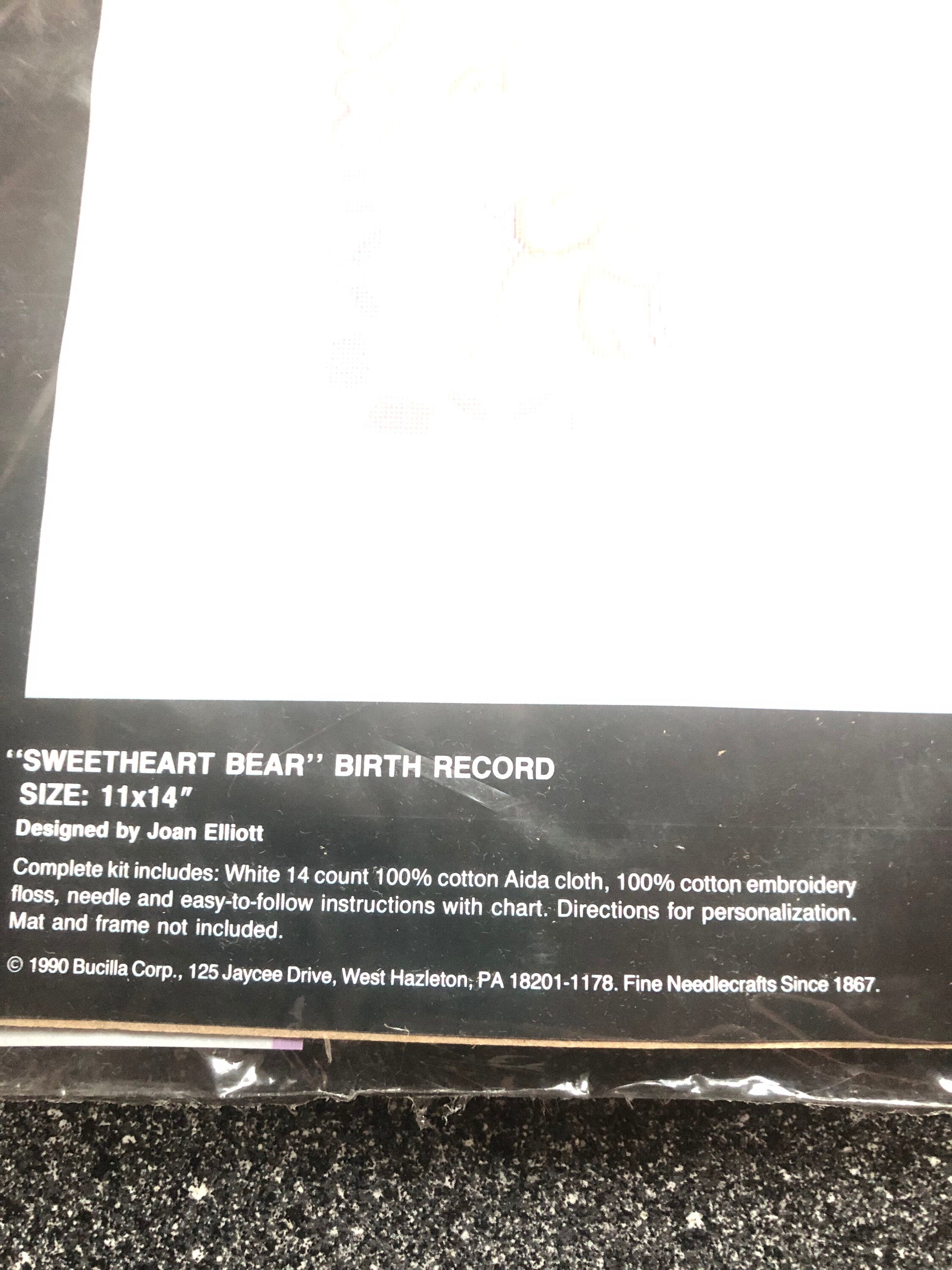 Sweetheart Bear Birth Record Counted Cross Stitch Kit by Bucilla