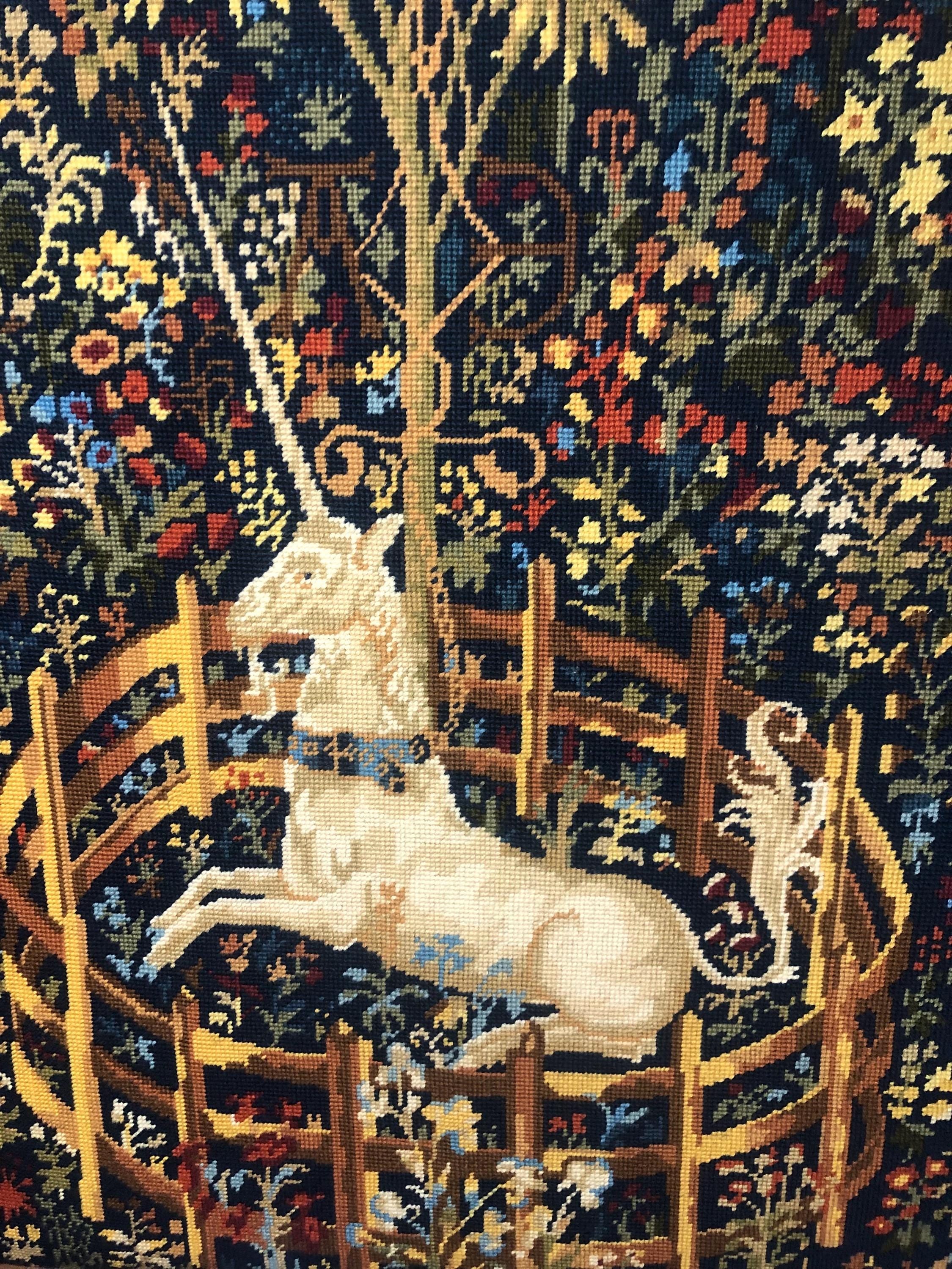 Unicorn In The Round Framed Hand Stitched Needlepoont Tapestry