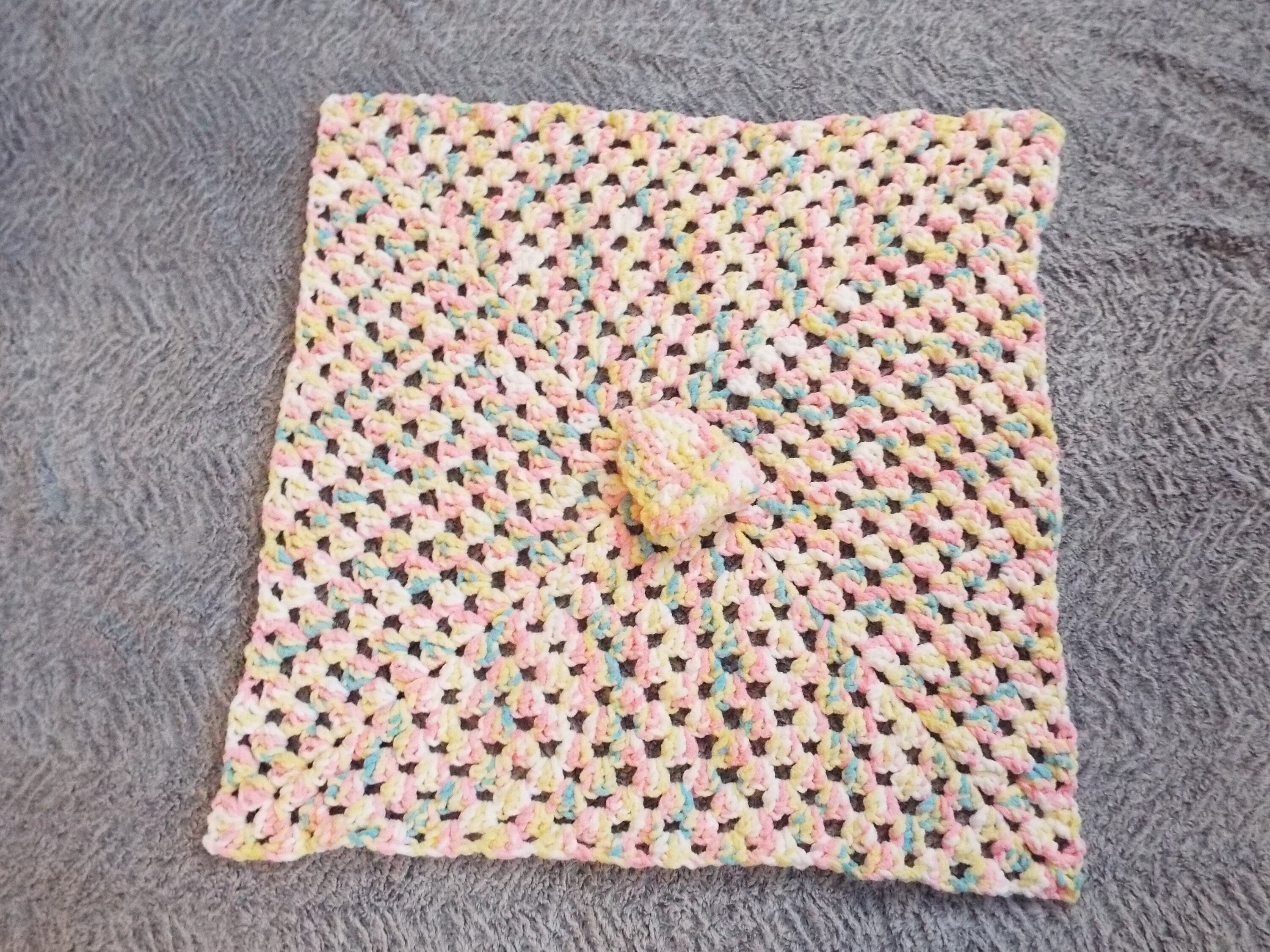Granny Square Baby Blanket Pink, Yellow, Blue/Green And White With Matching Baby Hat