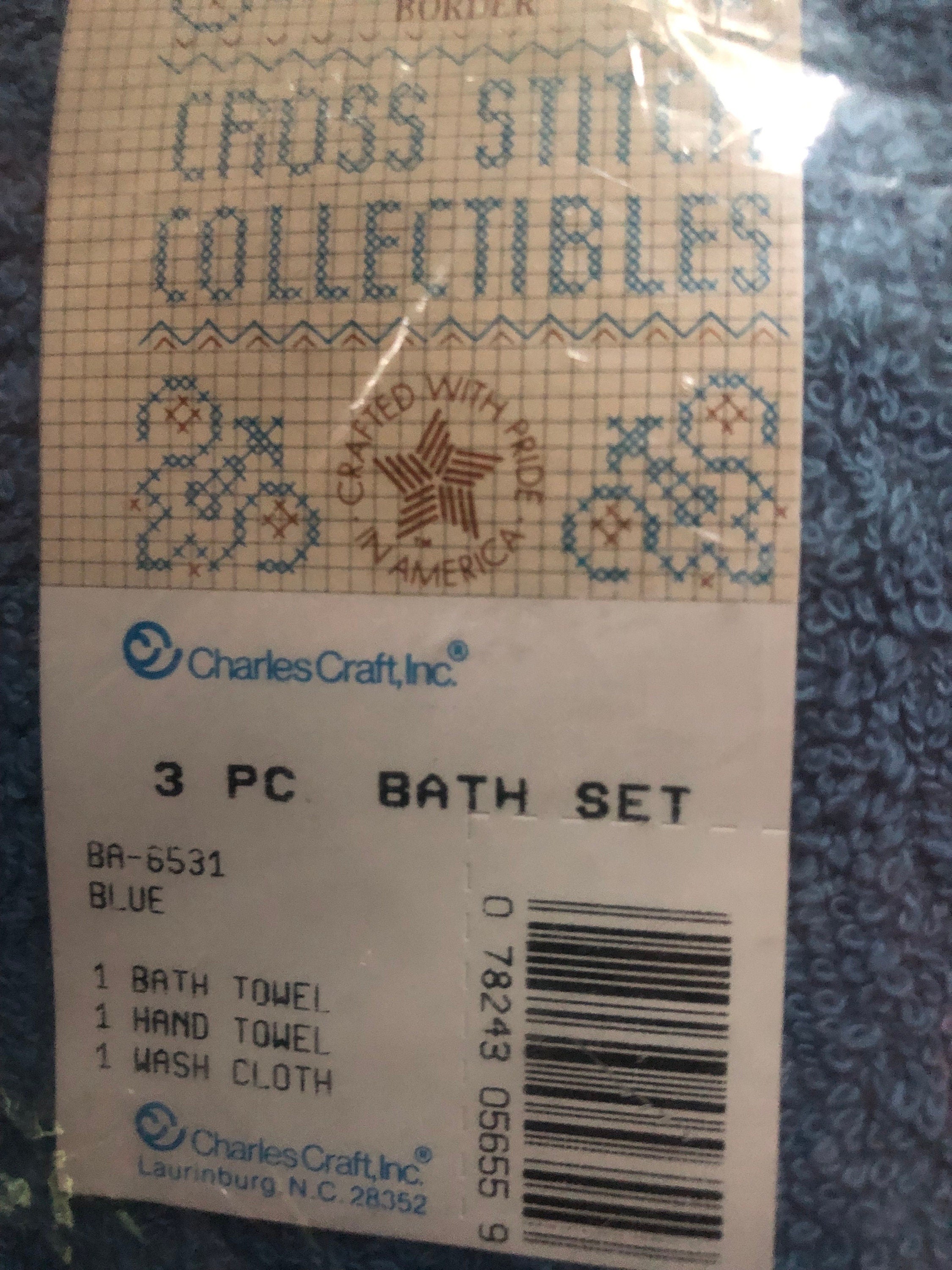 3 Piece Bath Set Cross Stitch Collectables Bath Towel, Hand Towel, Wash Cloth Blue Vintage