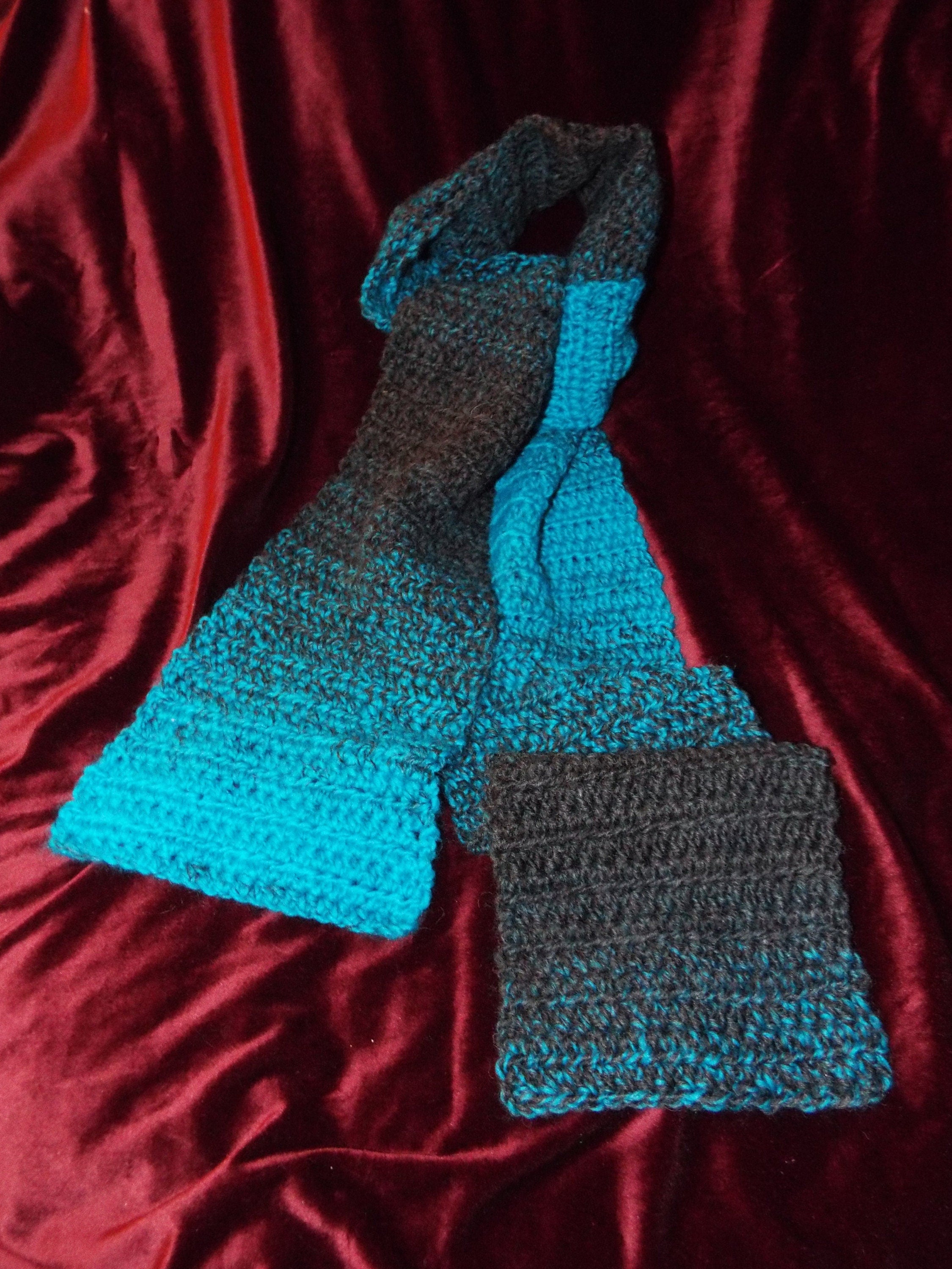 Aqua Blue Black Handmade Scarf Made With Scarfie Lion Brand Yarn